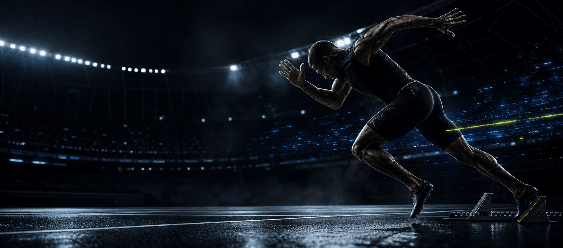 Sprinter accelerating inside a dark stadium